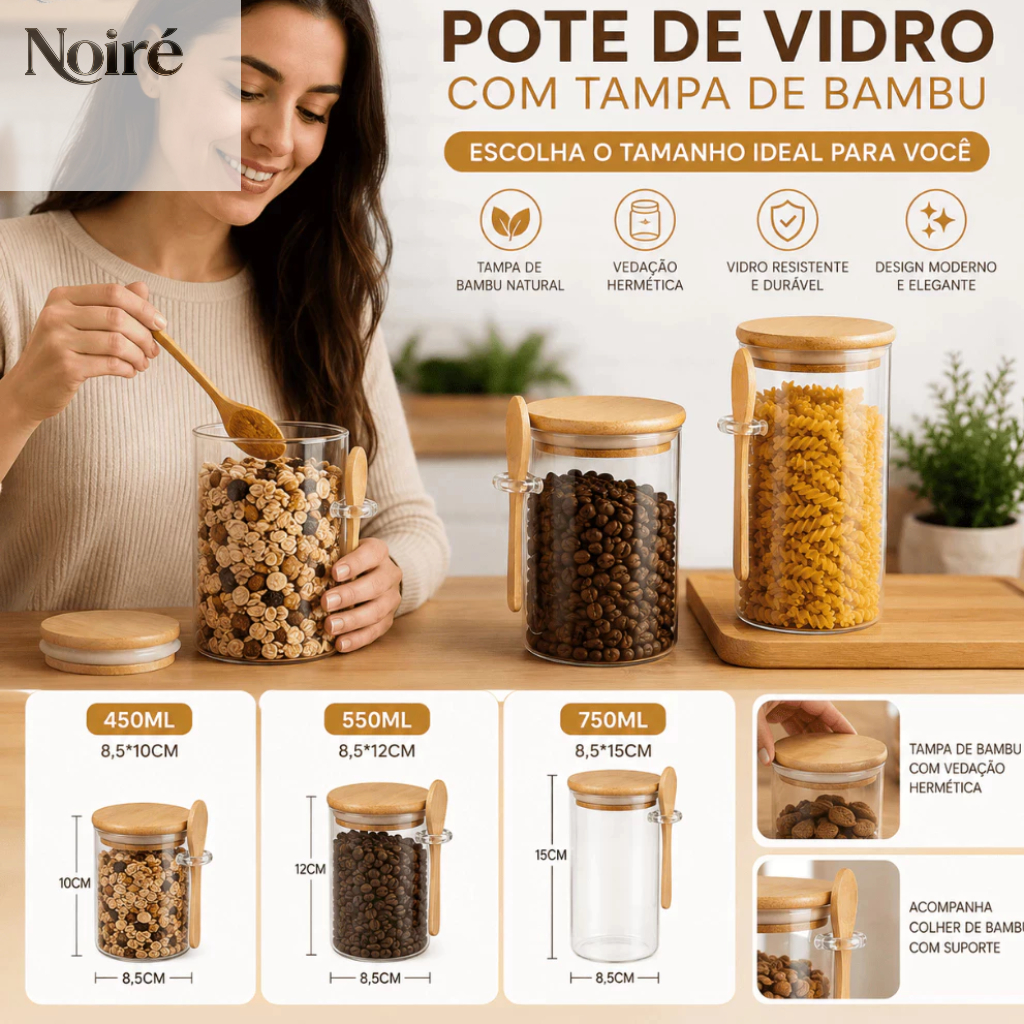 Pote de Vidro Hermético com Tampa e Colher de Bambu 450ml 550ml 750ml Porta Mantimentos Temperos Organizador Cozinha