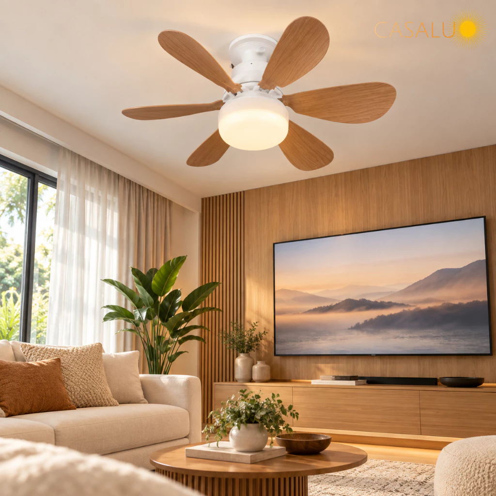 Ventilador de Teto com LED 80W Hélices Amadeiradas Base E27 Branco ou Preto Plafon Madeira LED 3 Em 1 — imagem 2 de 2