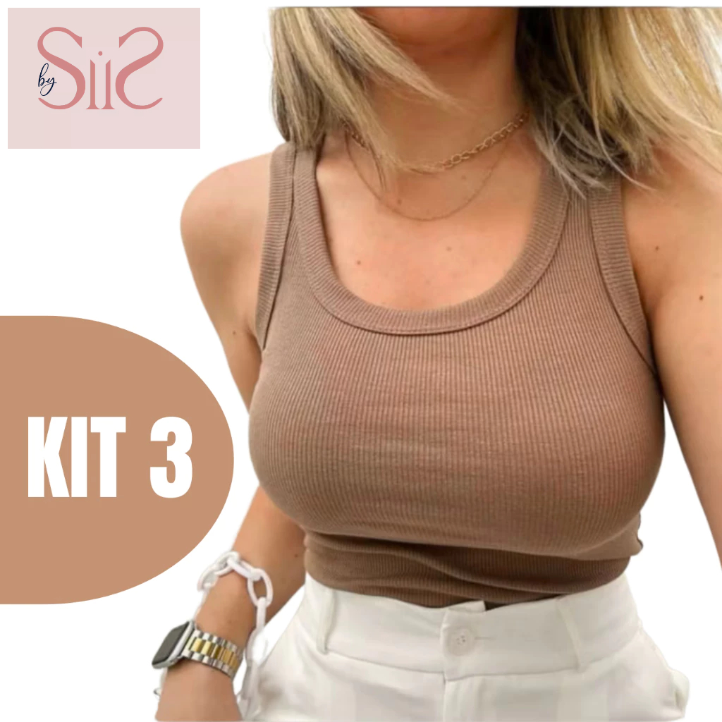 Kit 3 Regatas Femininas Malha Canelada Básica Confortável Lisa Ajuste Perfeito
