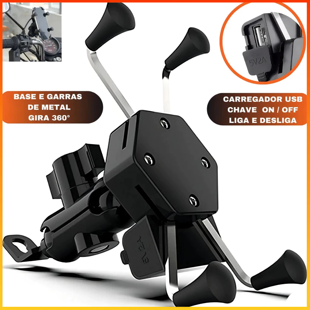 Suporte de Celular Universal para Moto com Carregador USB, GPS Articulado, Pinca em Alumínio, Anti-Vibração