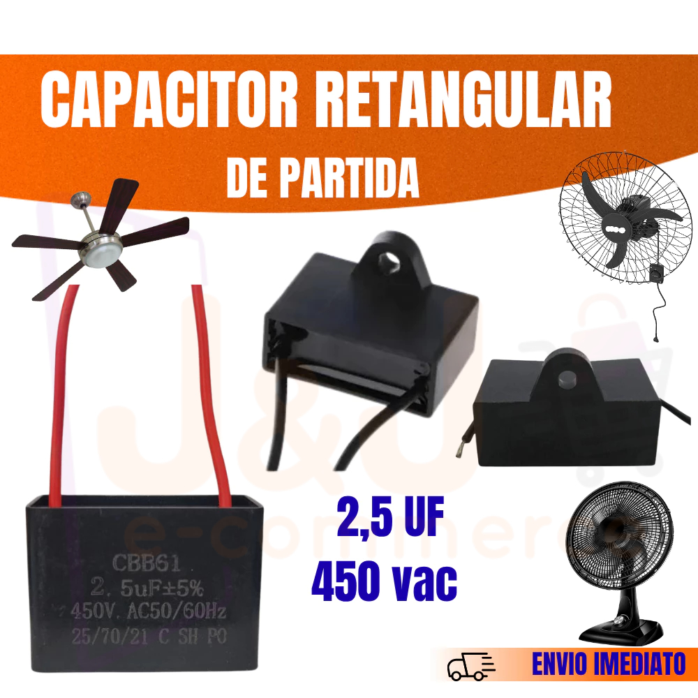 Capacitor Ventilador Retangular 2.5uF 450VAC CBB61 2 fios Ventilador de Teto Mesa e Parede Kit 1 a 5
