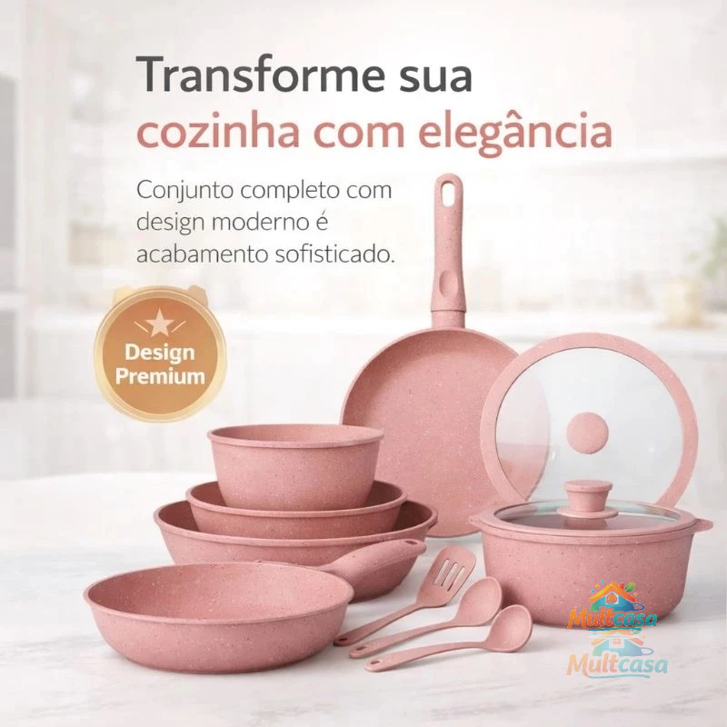 Conjunto de Panelas e Utensílios Rosa  Frigideira + Panela