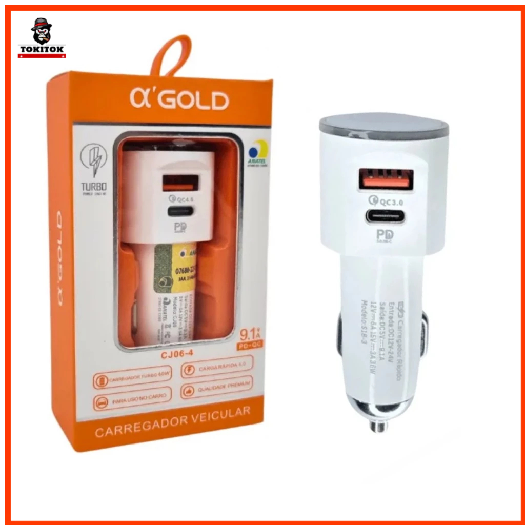 Carregador Veícular Turbo 60W Turbo USB + Tipo-C PD3.0 QC4.0 Carga Rápida 9.1A Universal Para Celular Android iOS Carro
