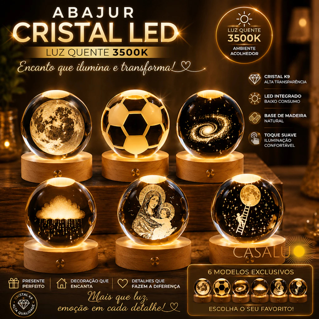 Luminária De Mesa Bola Cristal Abajur LED 3500K Decorativa Luz Noturna USB Futebol Lua Estrela Santa