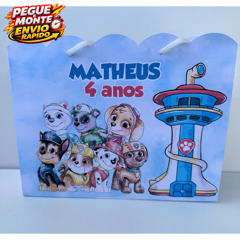 Sacolinha Patrulha Canina Aquarela azul Pegue e Monte Personalizada Kit Festa Lembrancinha(Informe Nome e idade no Chat)