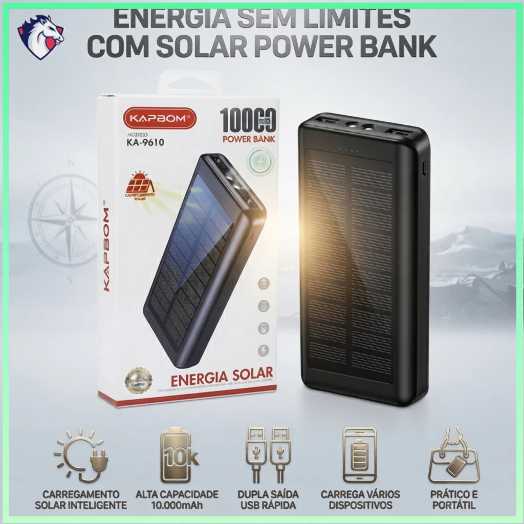 Power Bank Solar KA-9610 10000mAh com Lanterna LED, Carregador Portátil USB para Celular, Viagens e Camping