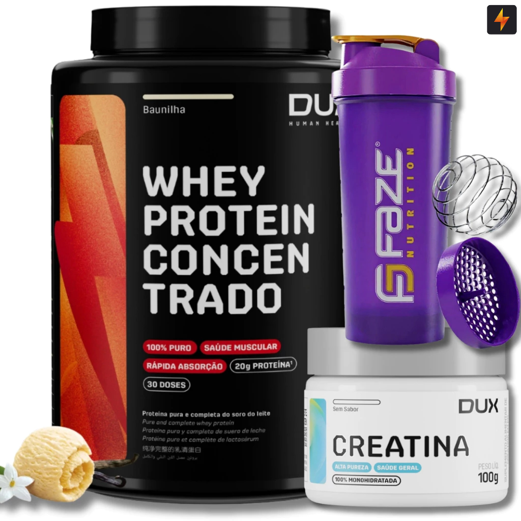 Kit Whey Protein Concentrado 900g + Creatina Monohidratada 100g Dux Human Health + Coqueteleira em Oferta na Shopee