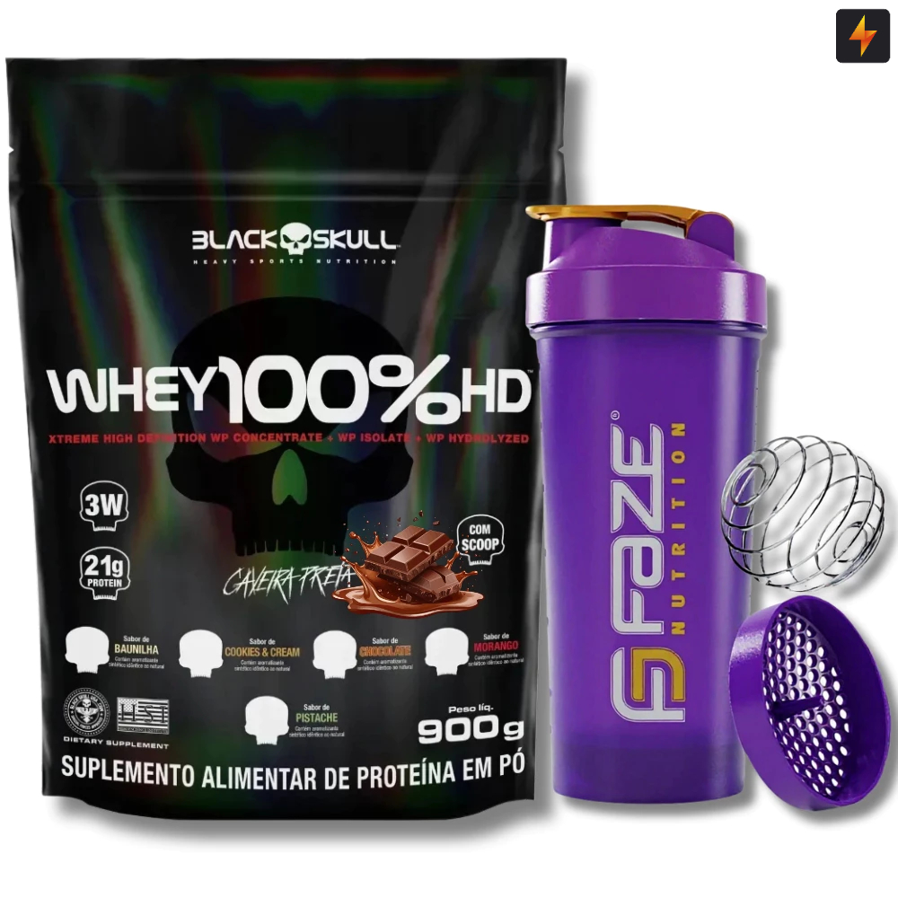 Kit Whey Protein Concentrado 100% HD 900g Refil Black Skull + Coqueteleira
