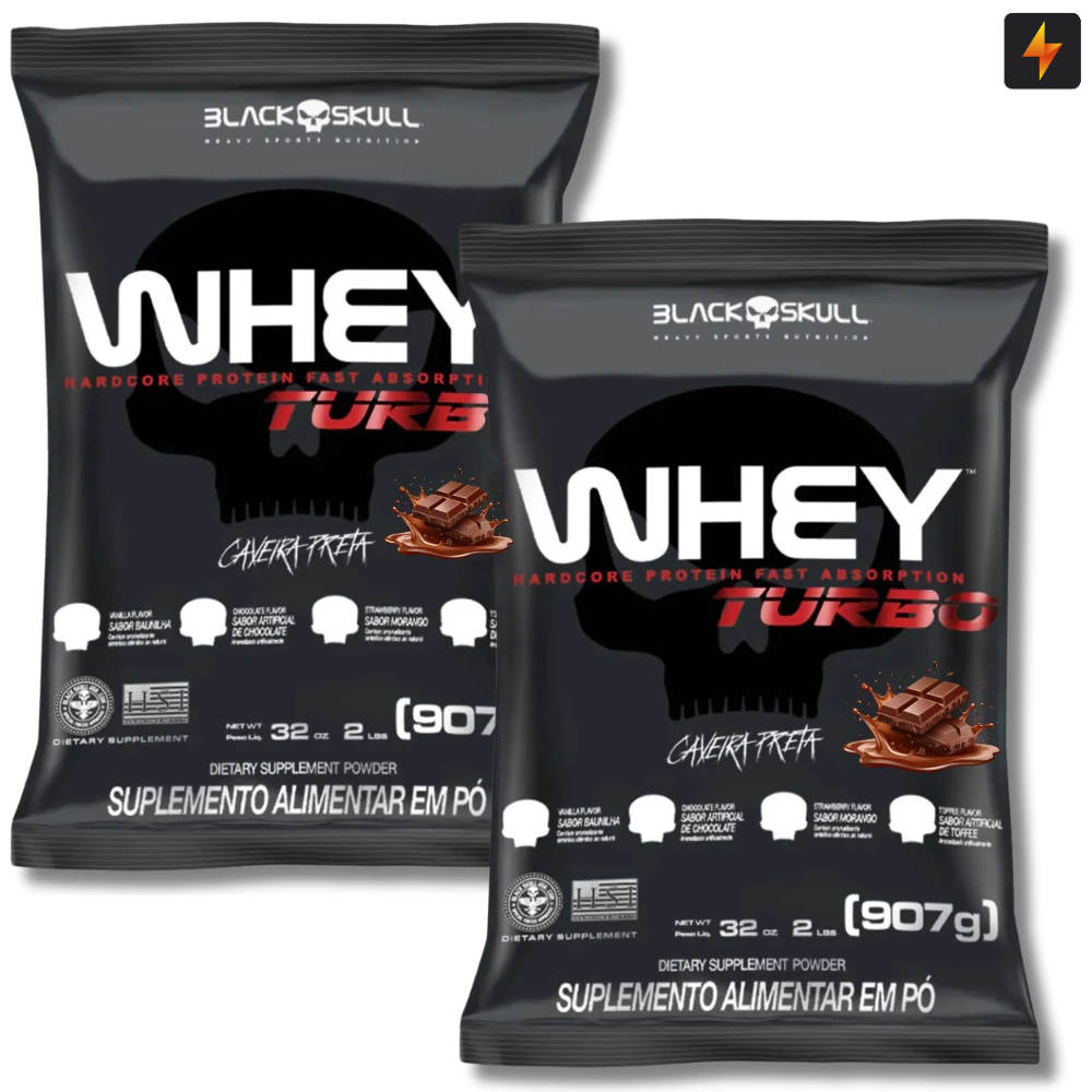 Kit 2x Whey Proteína Preto Skull Turbo 907g Refil