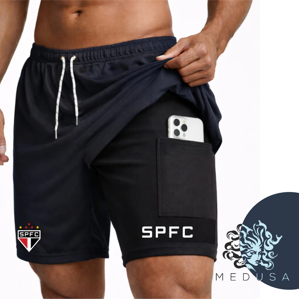 Short Compressão 2 em 1 TRICOLOR 02 Masculino Futebol Corrida Academia Treino Crossfit Fitness Esportivo  Elastano Musc