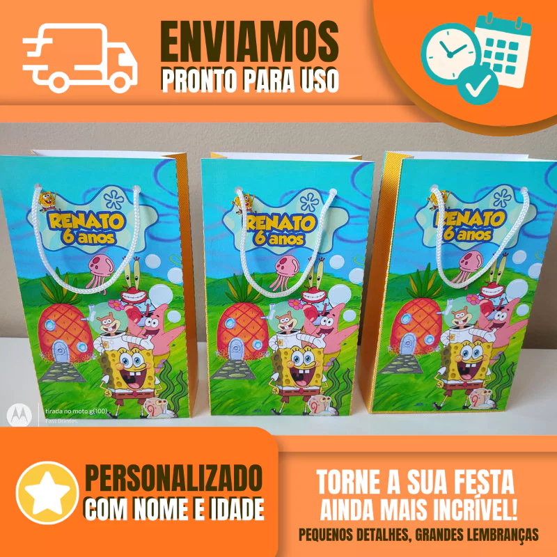 Sacolinha Personalizada para Festa Infantil - Lembrancinha -  Sacolinha Surpresa - Bob Esponja