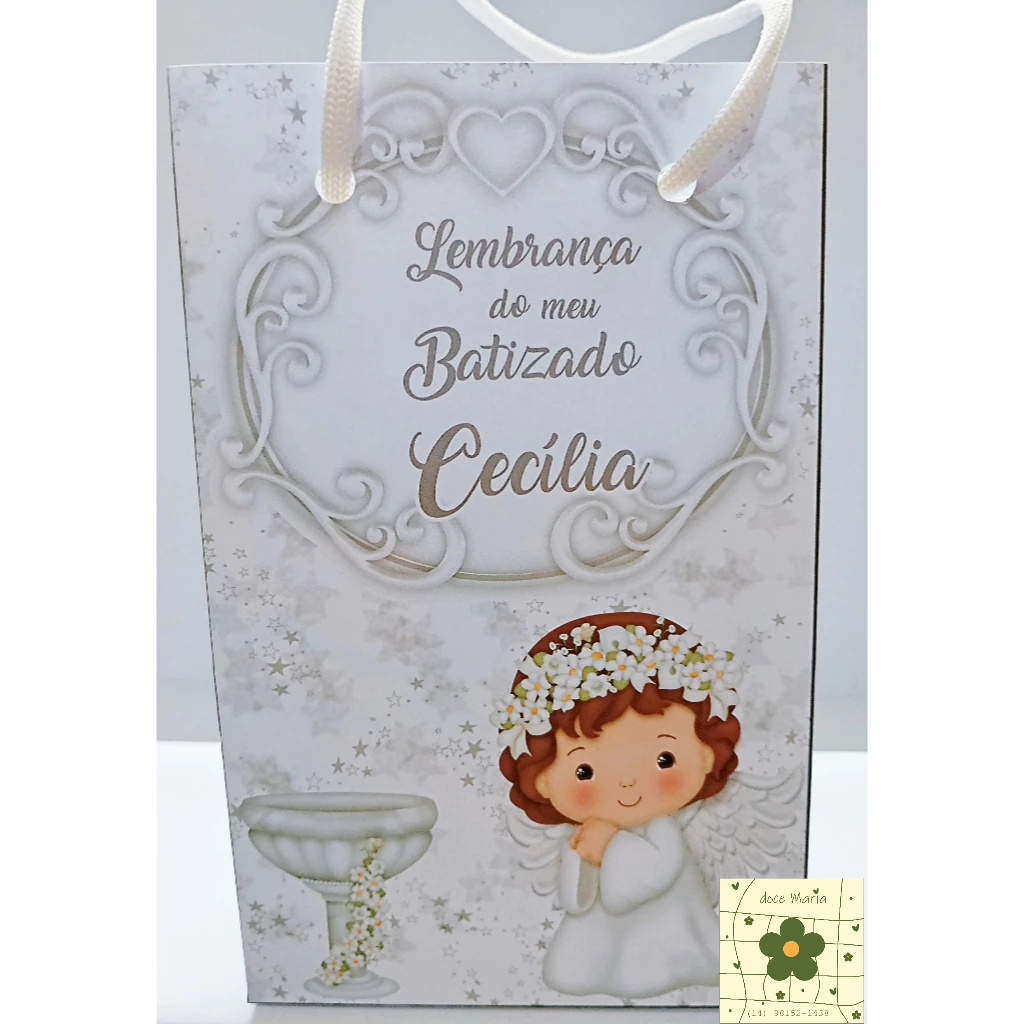 Sacolinha Personalizada Batizado Menina 1.0 Branco para Lembrancinha Sacola Surpresa, tamanho PP (15,6 x 9,3 x 4,3 cm).