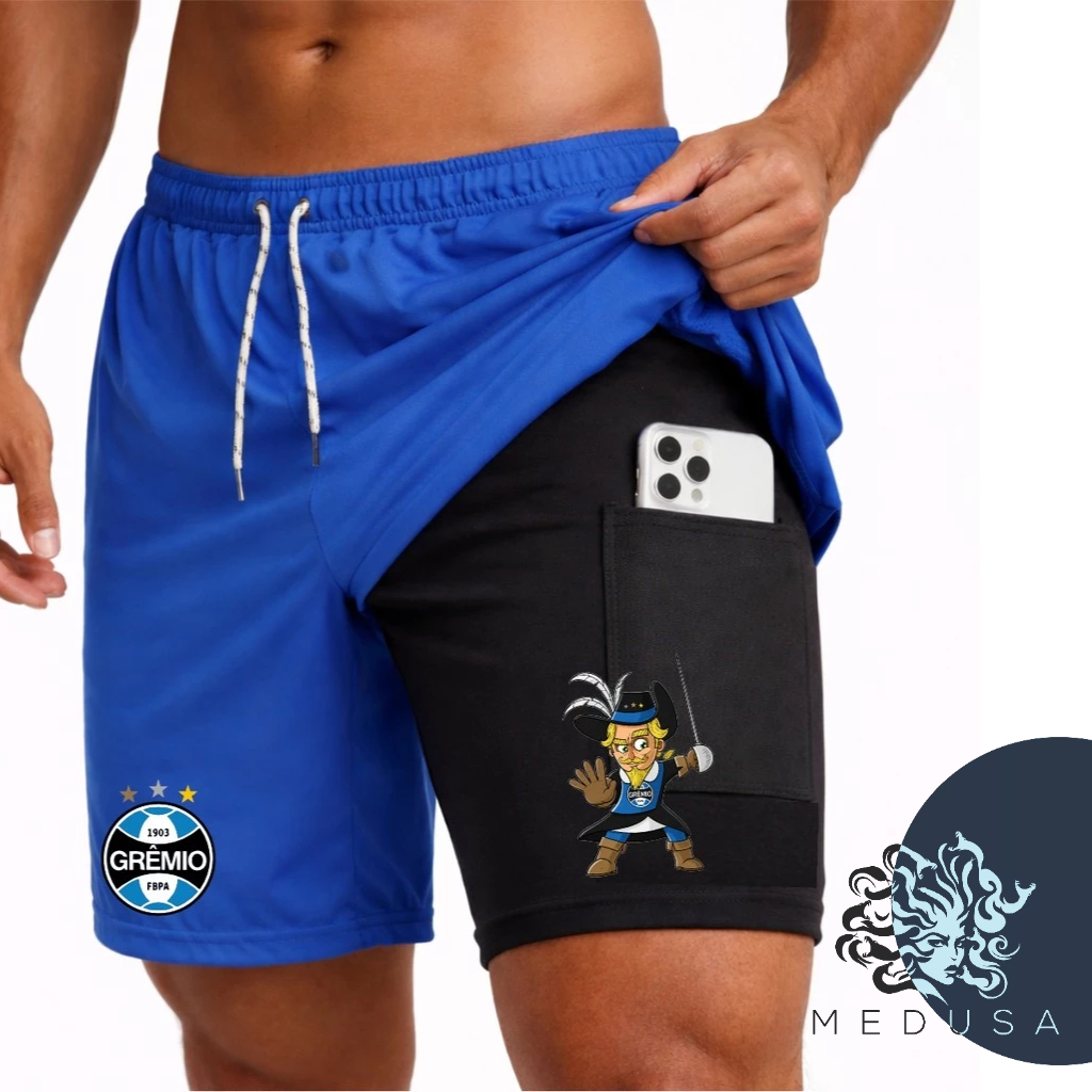 Bermuda Short Compressão 2 em 1 MOSQUETEIRO 01 Masculina Dry Fit + Elastano Leve para Academia Corridas