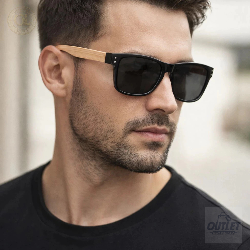 Óculos de Sol de Madeira Hastes Bambu Premium Masculino Proteção UV400 Polarizado Estiloso Moda Prem