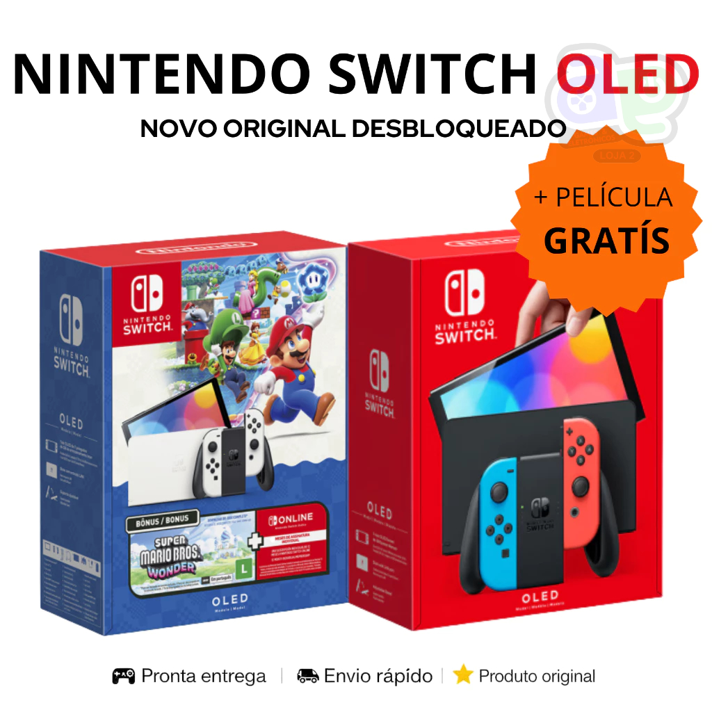 Nintendo Switch OLED Desbloqueado NOVO com Jogos + Película e NF