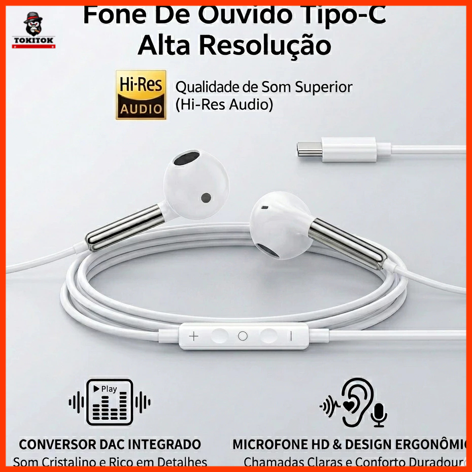 Fone de Ouvido Tipo-C  com Microfone HD Som Hi-Fi Estéreo, Controle de Volume e Conector USB-C – Uso Diário