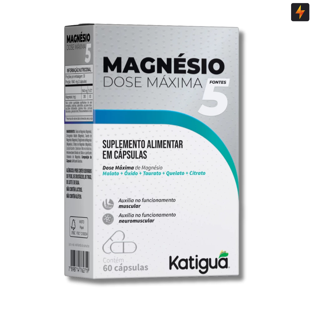 Magnésio Dose Máxima 5 Fontes - Malato Óxido Taurato Quelato Citrato - 60 Cápsul