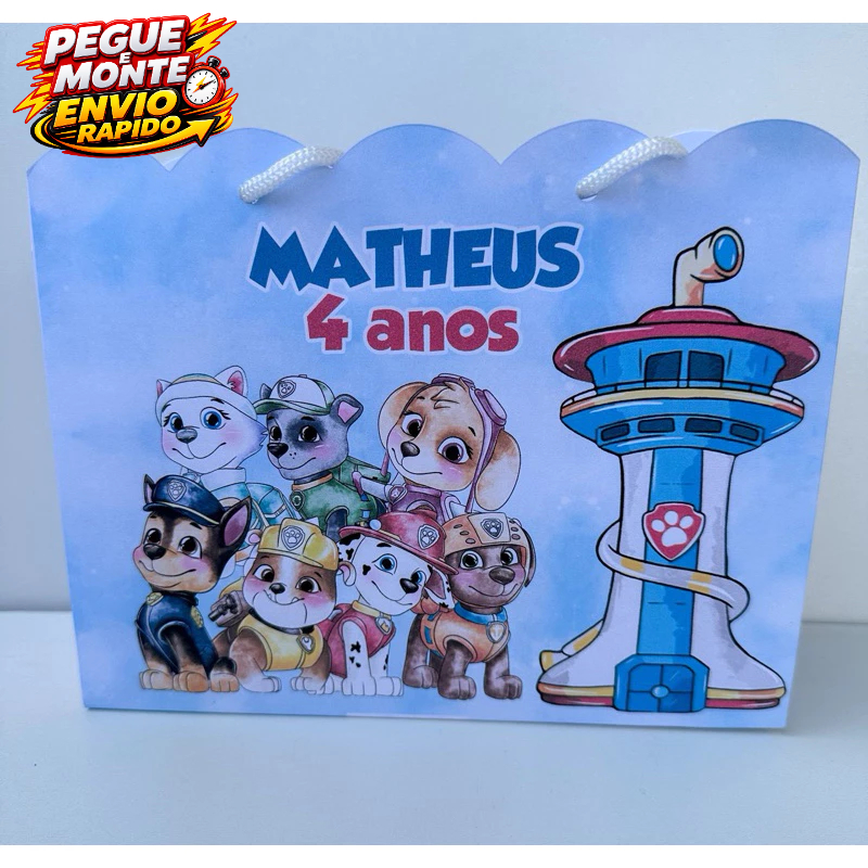 Sacolinha Personalizada Patrulha Canina Aquarela Azul Pegue e Monte Lembrancinha (Personalizado com nome e idade)