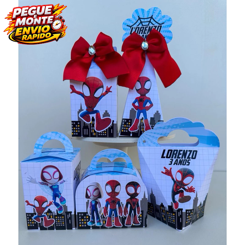 Personalizados Spider e seus amigos Homem aranha Gwen Miles Pegue e Monte Lembrancinha Caixinha Kit (Com nome e idade)