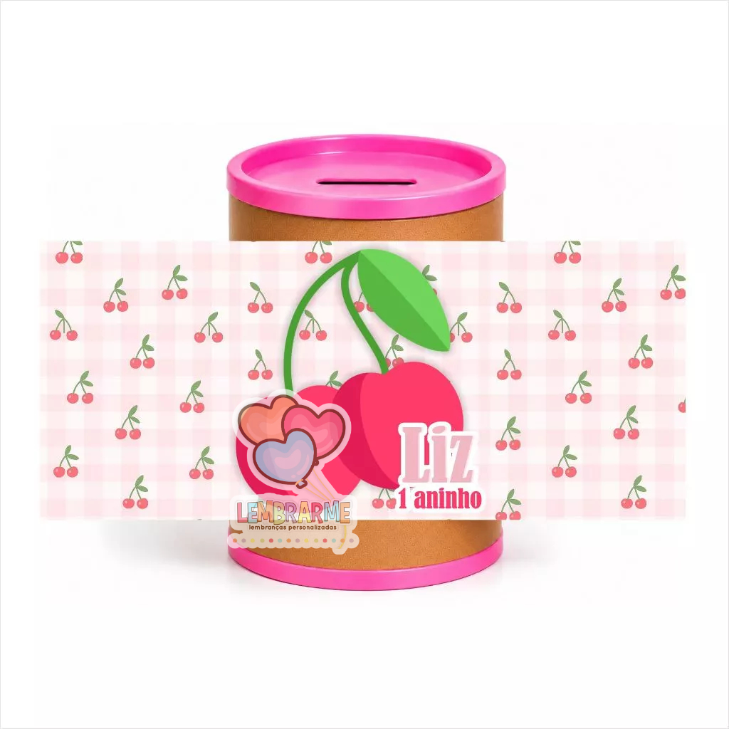 Kit Rótulo Cofrinho Personalizado Cerejinha para Lembrancinha de Aniversário