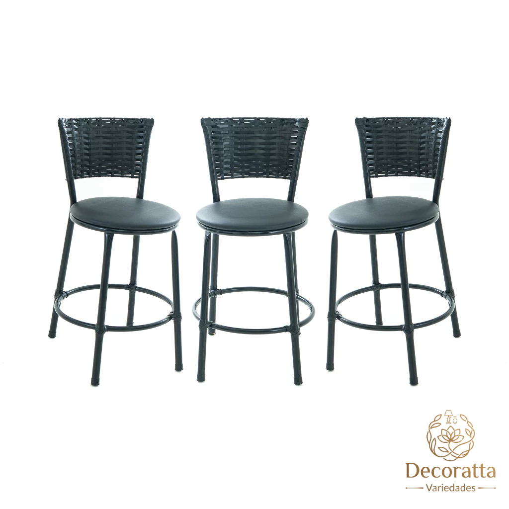 kit 3 banquetas baixa junco preto cozinha bares casa móveis