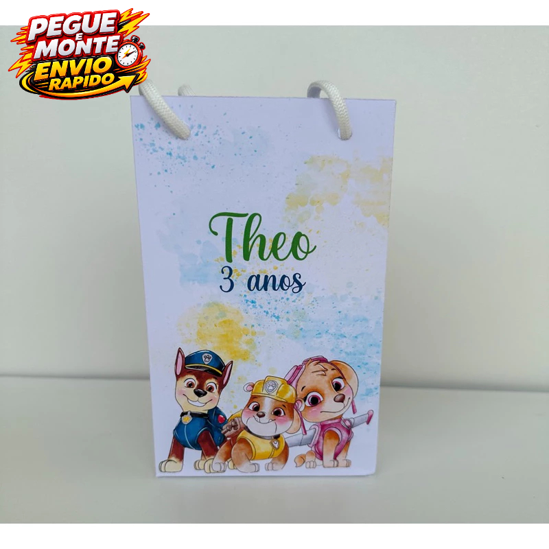 Sacolinha Personalizada Patrulha Canina Aquarela Lembrancinha Kit Festa Pegue e Monte Com alça