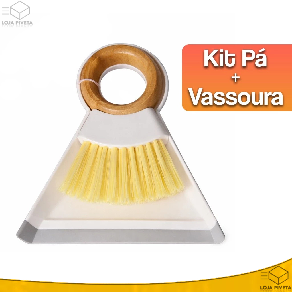 Kit Mini Vassoura de Mão e Pázinha Para Limpeza com Alça de Bambu Vassourinha Ecológica Elegante
