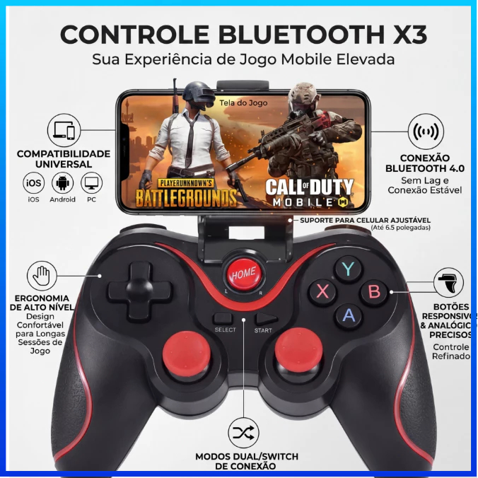 Controle X3 Bluetooth Gamer Sem Fio Android iOS PC TV Gamepad Com Suporte Celular em Oferta na Shopee
