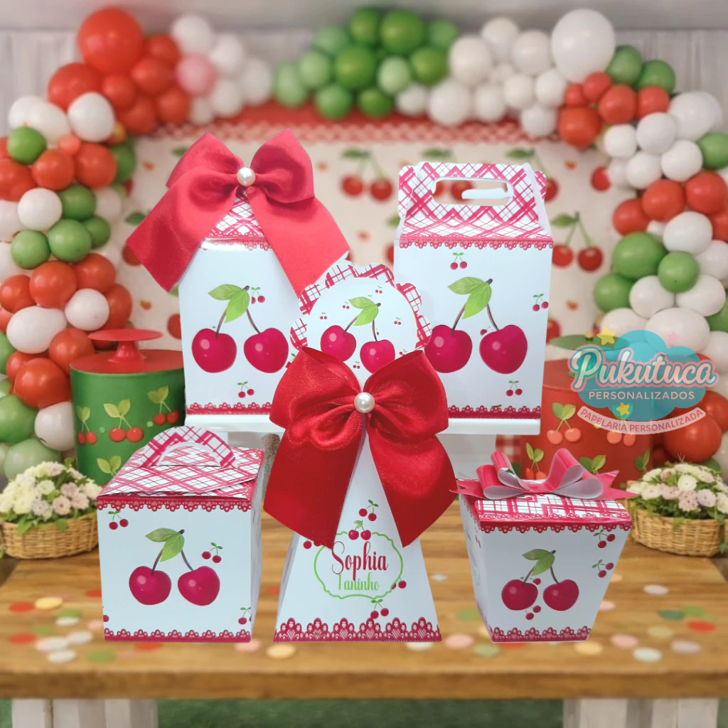 Kit Caixinhas CEREJINHA Personalizadas - Festa Infantil - Lembrancinhas - Surpresinhas - PEGUE E MONTE