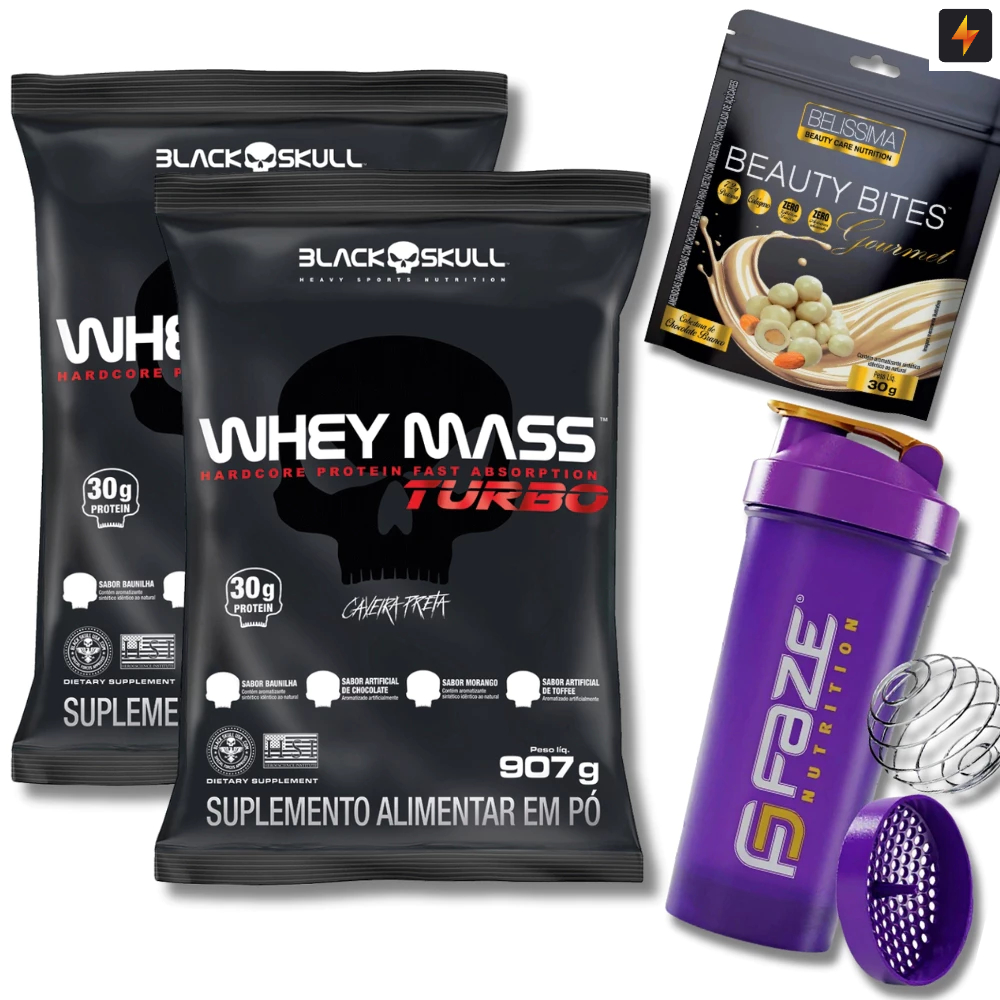 Kit 2x Whey Black Skull Turbo 907g Refil Black Skull+ Beauty Bites 30g + Coqueteleira c/ mola Inox