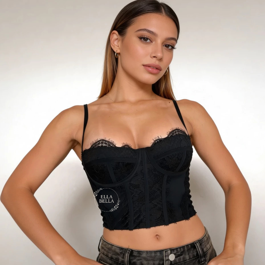 Cropete  Blusa Feminina Rendas Alça Regulável Estilo Corselete Corset Cropped Inverno