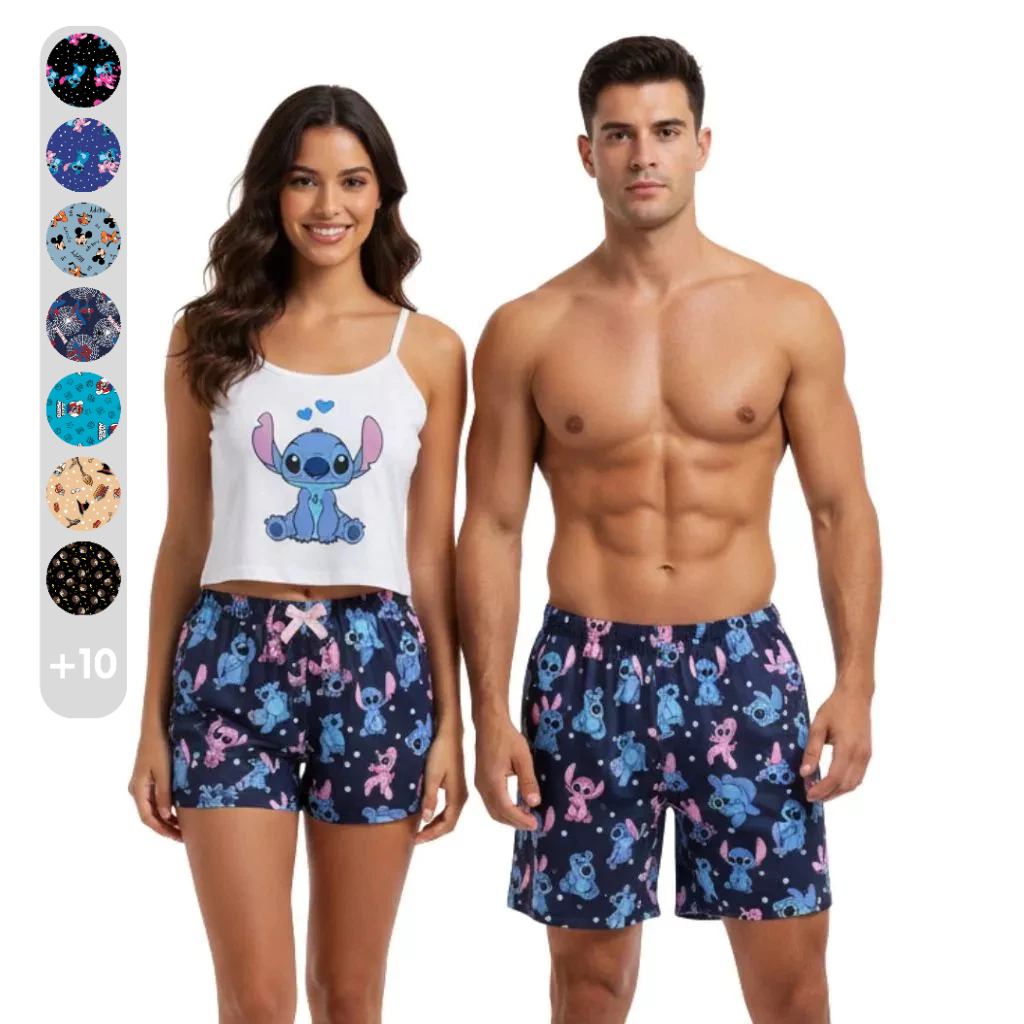 Kit Casal Pijama Namorados Modelo Cropped Virgínea e Samba Canção - Modelo Tradicional e Cropped