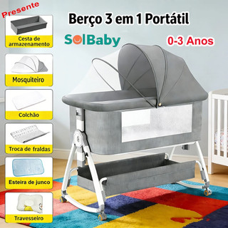 Berço Moises 3 em 1 Portátil 0 a 3 Anos com Balanço, Mesa de Fraldas, Mosquiteiro e Altura Ajustável