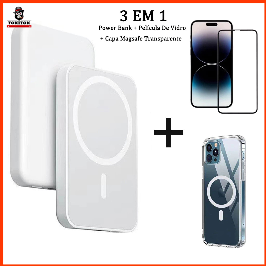 Kit Carregador Magnético Portátil com Capa Transparente e Película de Vidro para iphone