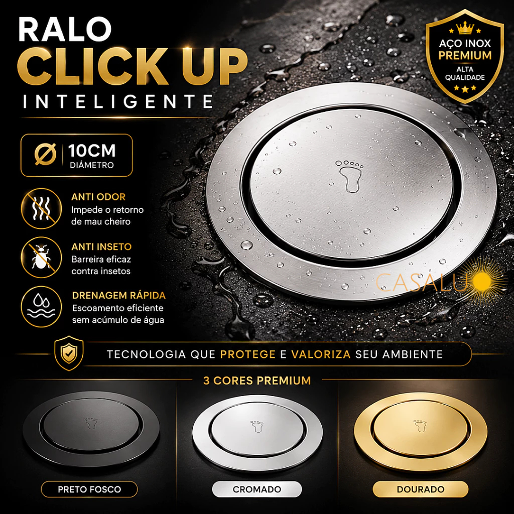 Ralo Redondo 10cm Click Up Inteligente Inox Dourado Preto Cromado Ralo Veda Cheiro Banheiro Cozinha