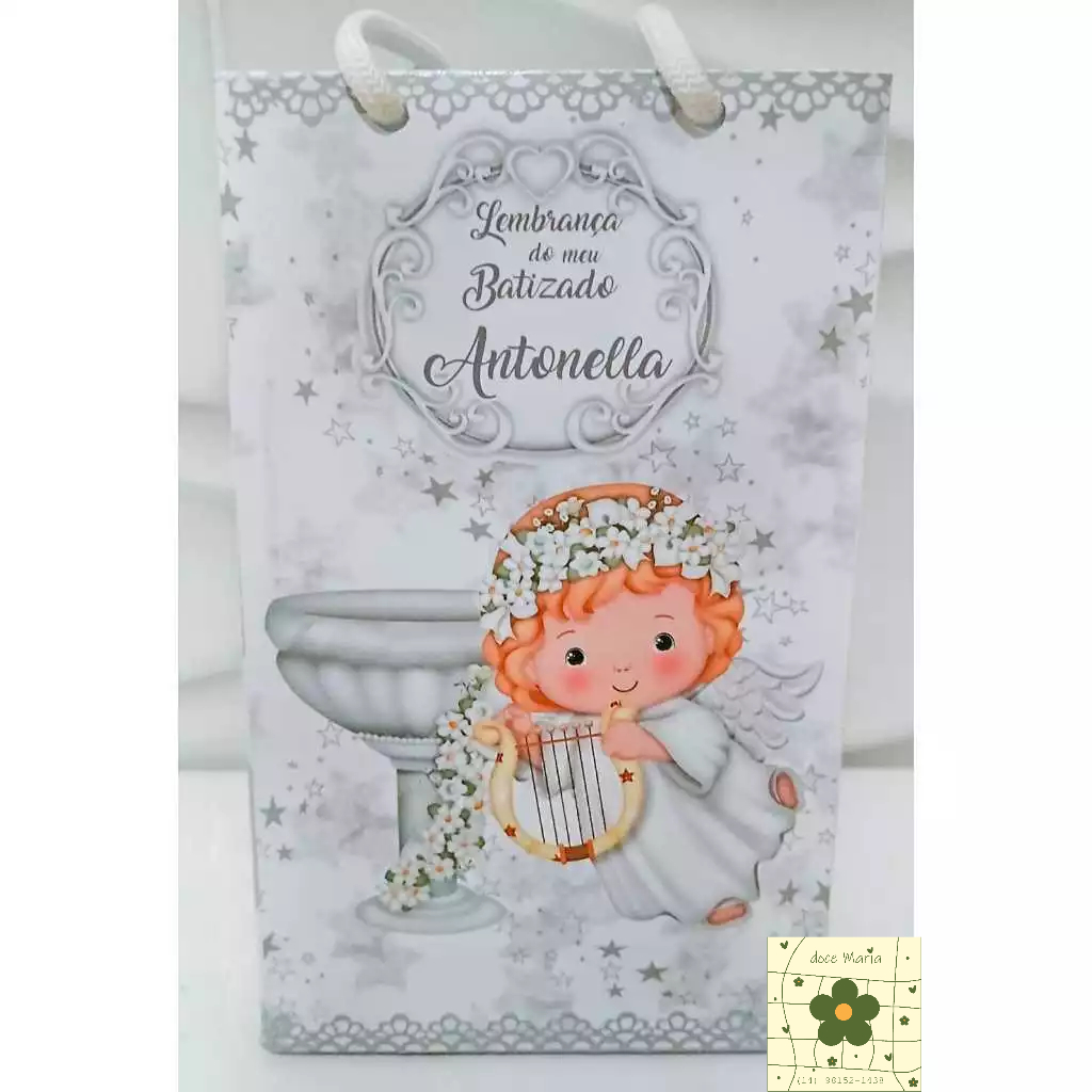 Sacolinha Personalizada Batizado Branco 3.0 para Lembrancinha Sacola Surpresa, tamanho PP (15,6 x 9,3 x 4,3 cm).