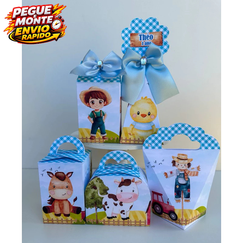 Personalizados Fazendinha Azul Menino Pegue e Monte Lembrancinha Caixinha Kit festa (informe nome e idade no Chat)