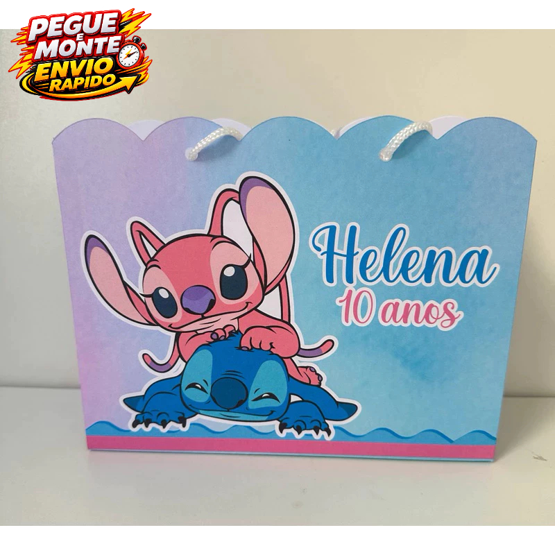 Sacolinha Personalizada Stitch azul e rosa Angel Pegue e Monte Lembrancinha (Personalizado com nome e idade)