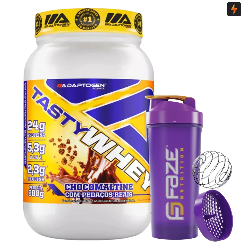 Kit Tasty Whey Protein 900g Adaptogen Proteína Isolada Concentrada Hidrolisada + Coqueteleira