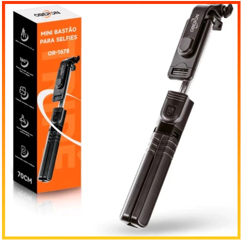 Mini Bastão de Selfie OR-1678 · Portátil e Dobrável · Tripé Integrado · Controle Bluetooth Remoto