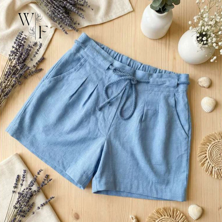 Shorts Feminino Linho Cintura Alta com Cordão, Abertura Frontal e Cós Ajustavel em Oferta na Shopee