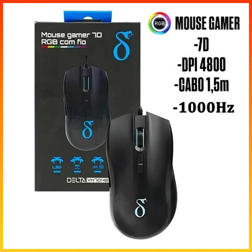 Mouse Gamer RGB USB com Fio 4800 DPI 7 Botões 1000Hz Alta Precisão Ergonômico para PC Jogo