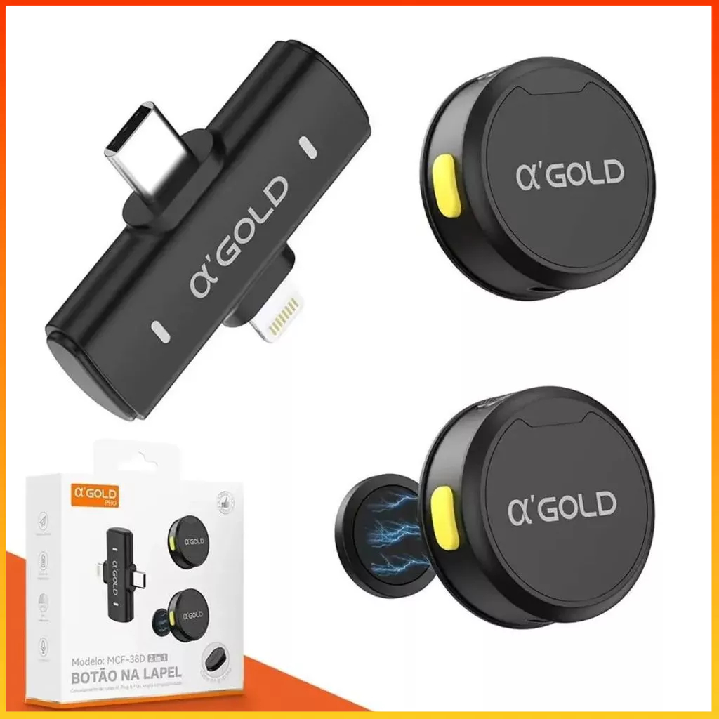 Microfone de Lapela Sem Fio AGOLD MCF-38D Magnético Duplo– Para Celular, Live, Entrevista e Gravação