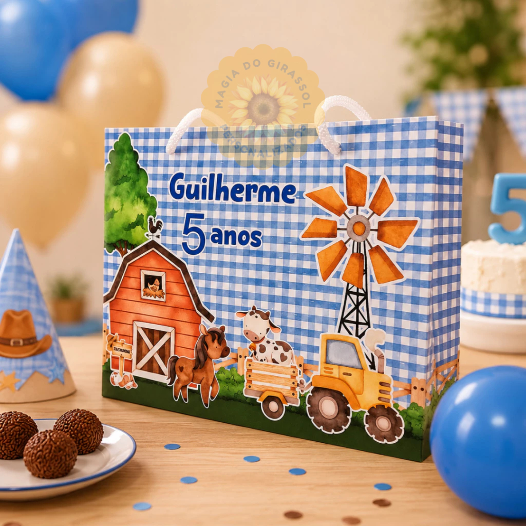 Sacolinha G Personalizada  Fazendinha Azul com Nome e Idade | Lembrancinha Festa Infantil Fazendinha