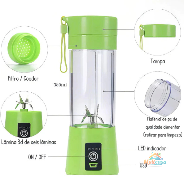 Mini Liquidificador Portátil USB Recarregável 380ml Copo Mixer Shake Smoothie Bivolt