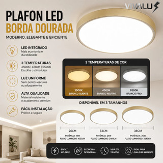 Plafon LED Sobrepor Dourado Luminária De Teto Moderno Para Sala Quarto Hall Lavabo Luz 3 Em 1 Bivolt