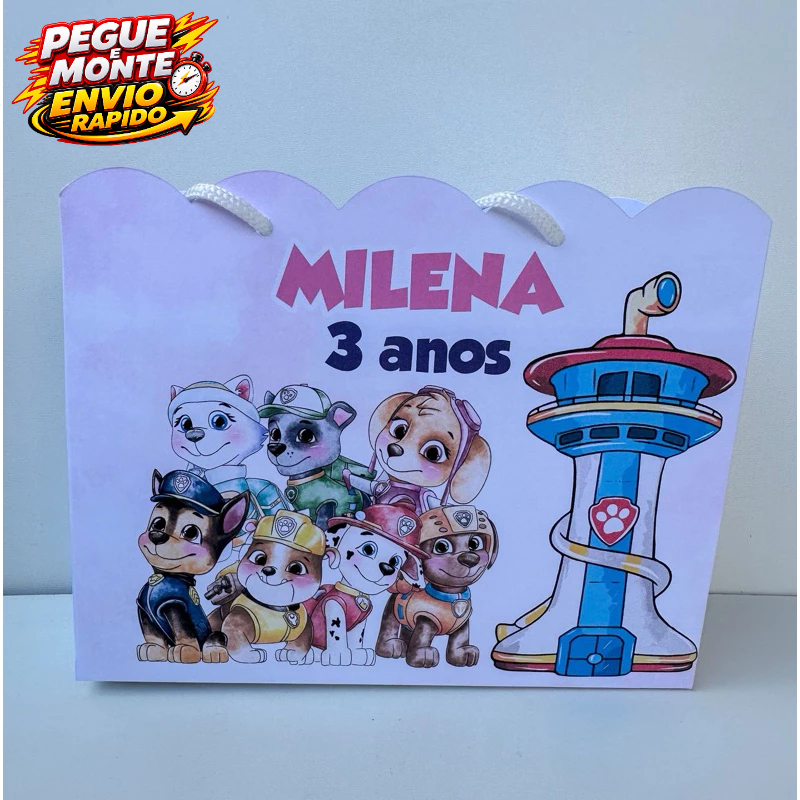 Sacolinha Personalizada Patrulha Canina Aquarela Rosa Pegue e Monte Lembrancinha (Personalizado com nome e idade)