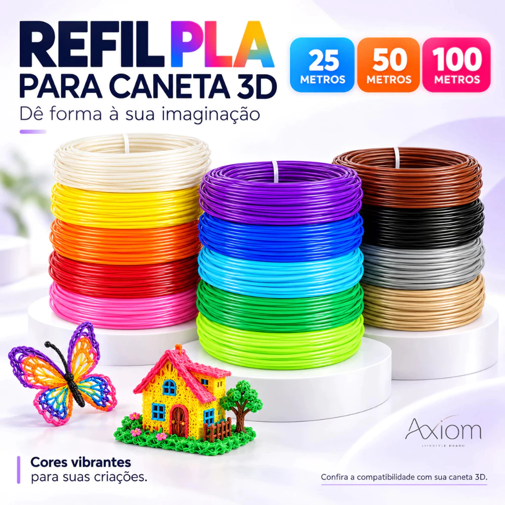 Caneta 3D Impressora Infantil Refil Filamento PLA Universal 1,75mm 25M 50M 100M 10 Cores