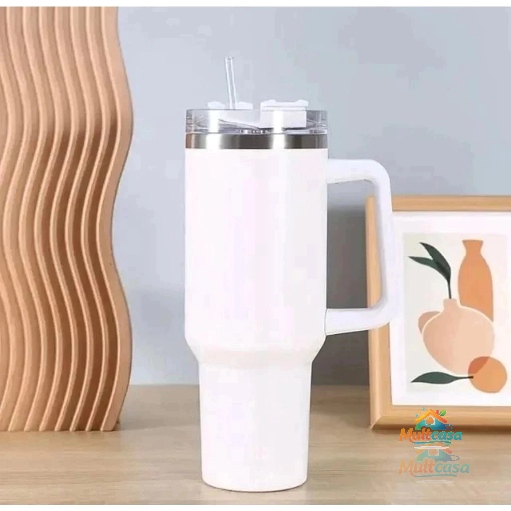 Normal - Copo Caneca (1200 ml) Térmica Inox com Alça e Canudo - Branco