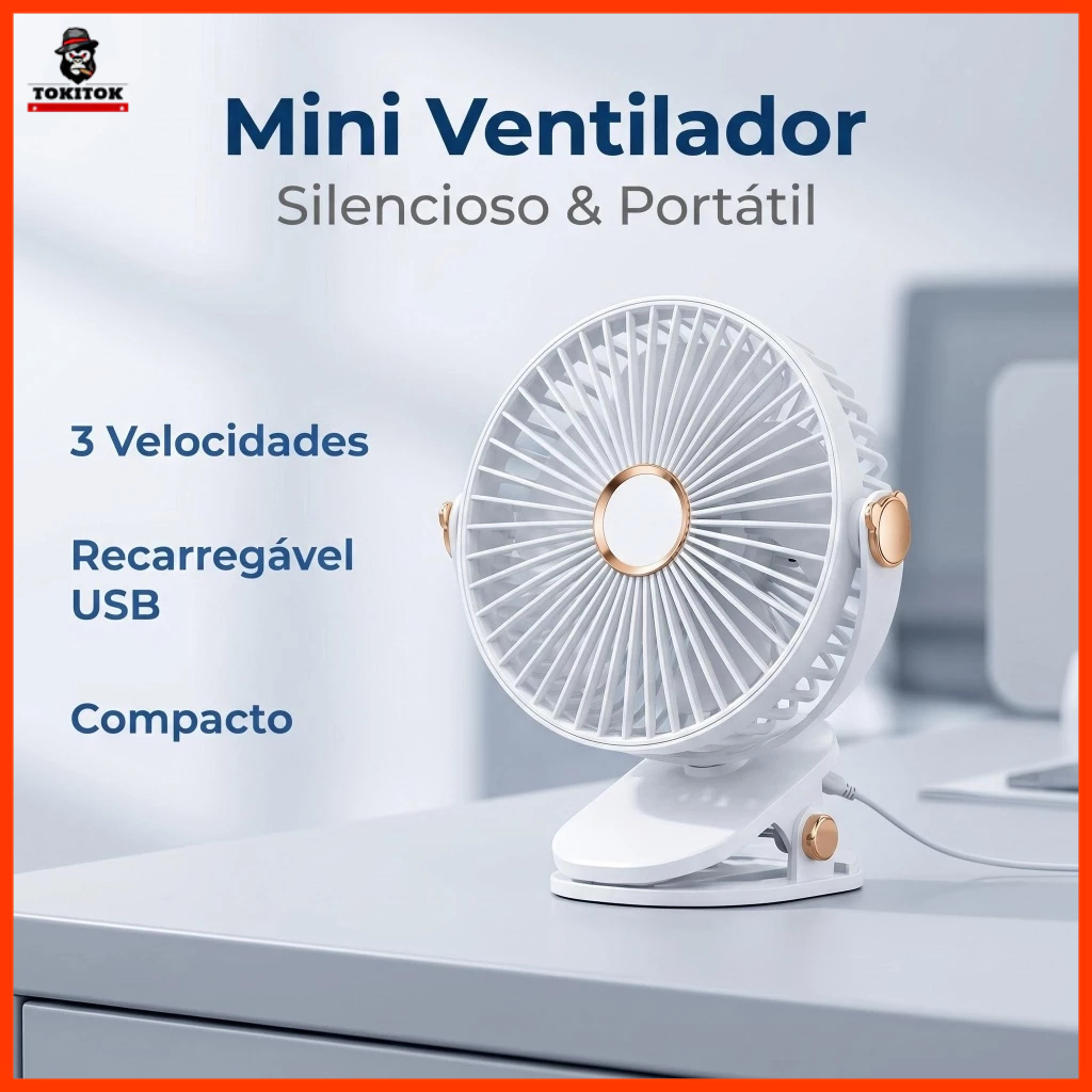 Mini Ventilador Portátil Recarregável USB 3 Velocidades Silencioso Compacto para Mesa Quarto Escritório Viagem